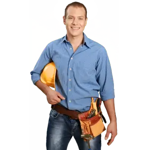 Smiling construction worker with hand hat and tool belt